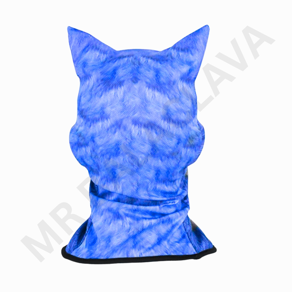 Blue tie-dye cat-ear hoodie gaiter shown from the back, with black trim along the bottom edge.