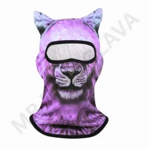 Purple llama-themed face gaiter with a large white oval eye area outlined in black, covering the eyes, nose, and mouth area.
