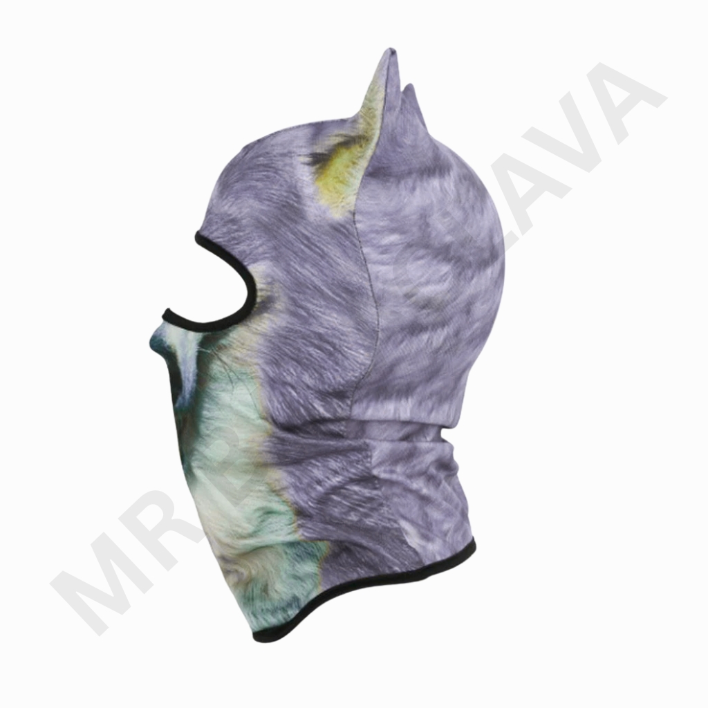 Purple and lavender hoodie-style face gaiter with a textured fur pattern and black trim around the eye opening, shown in a side profile.