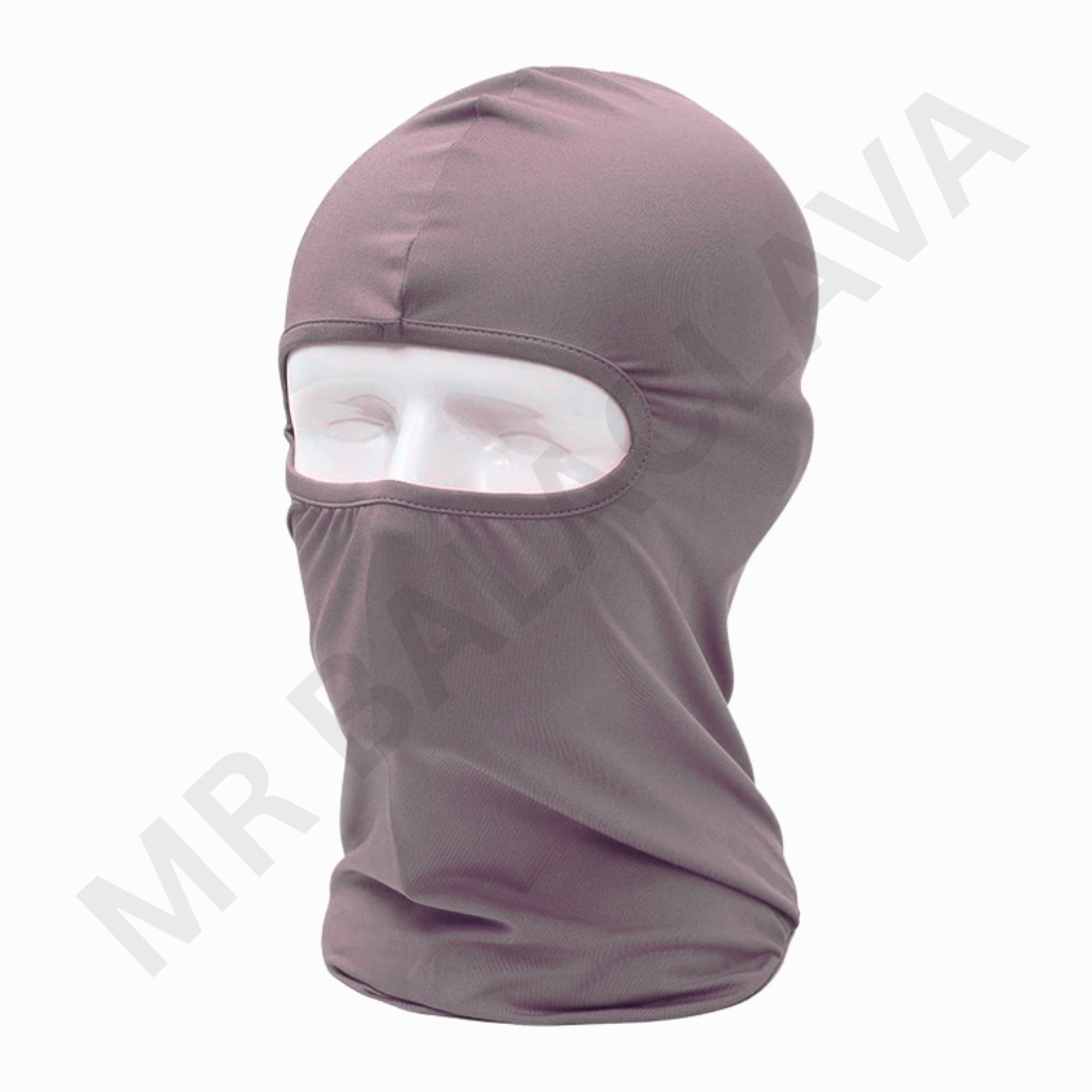 Purple balaclava with a large eye-opening, full-face neck coverage.