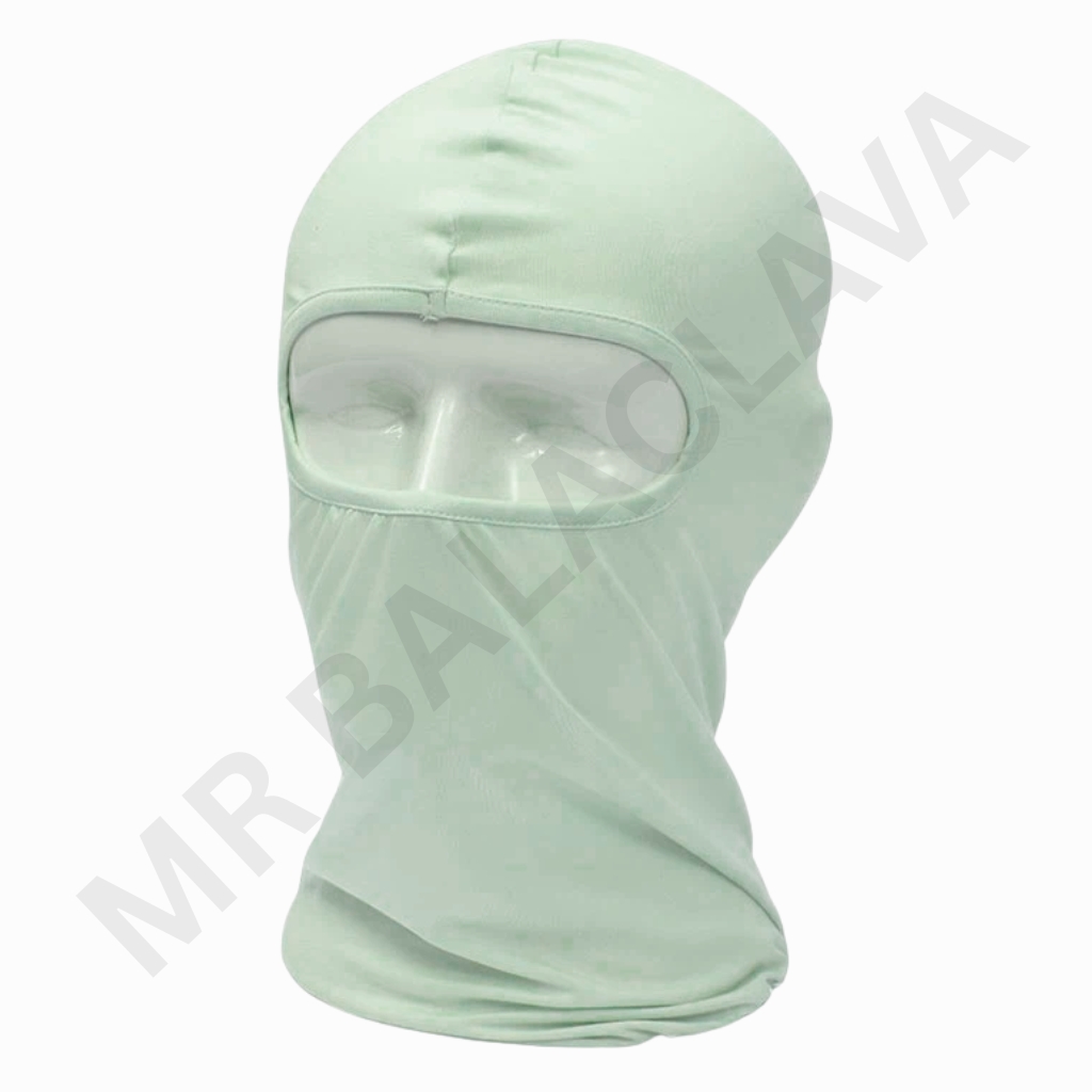 Mint green balaclava with a wide eye-opening, full-face neck coverage.