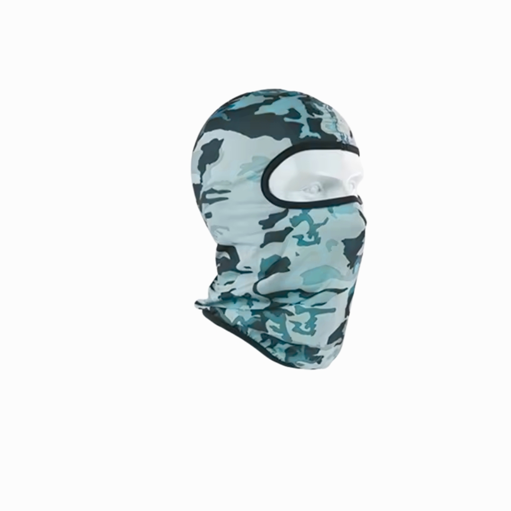 Camouflage balaclava with eye/face opening, light blue and gray camouflage pattern and black trim.