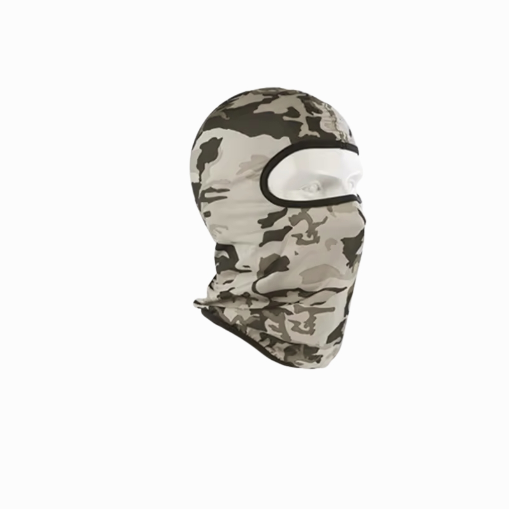 Camouflage balaclava with eye opening and face cover, beige and brown camouflage pattern.