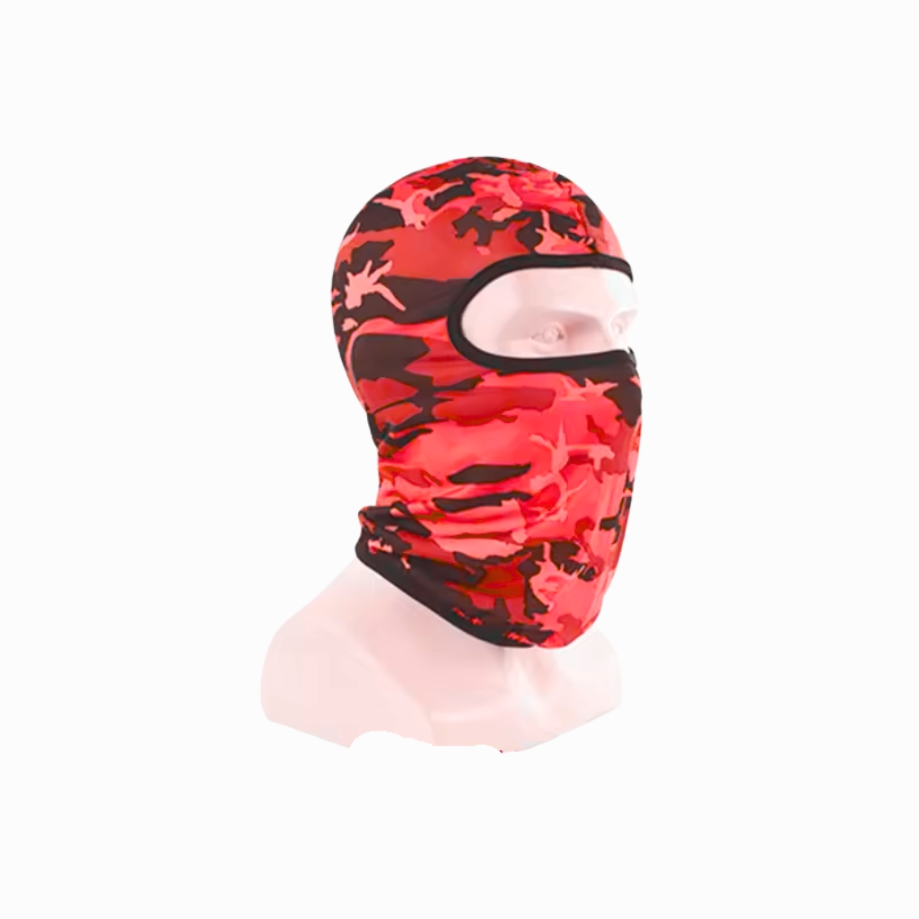 Red and black camouflage balaclava with eye opening, full-face neck coverage.