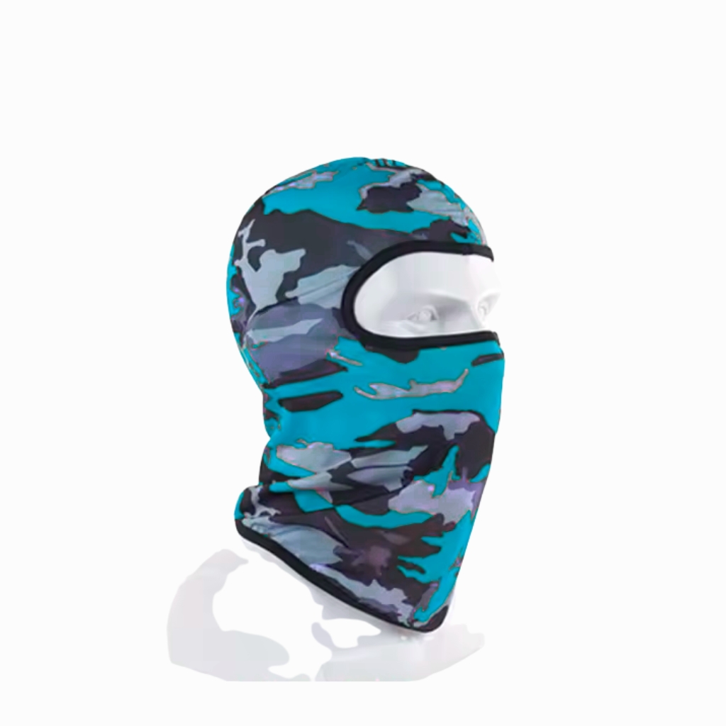 Blue camouflage balaclava with eye opening and black trim, full-face neck coverage.