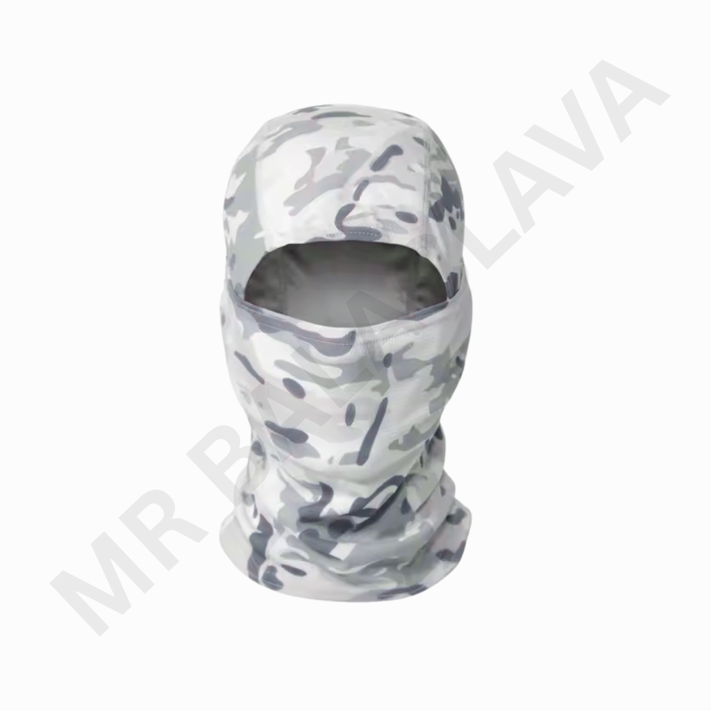 Light gray camouflage balaclava with eye opening, full-face neck coverage.