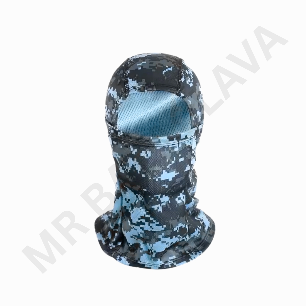 Digital camouflage balaclava with mesh eye opening, full-face neck coverage, blue-gray tones.