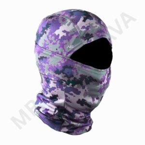 Purple camouflage balaclava with eye opening, full-face neck coverage, printed camouflage pattern.