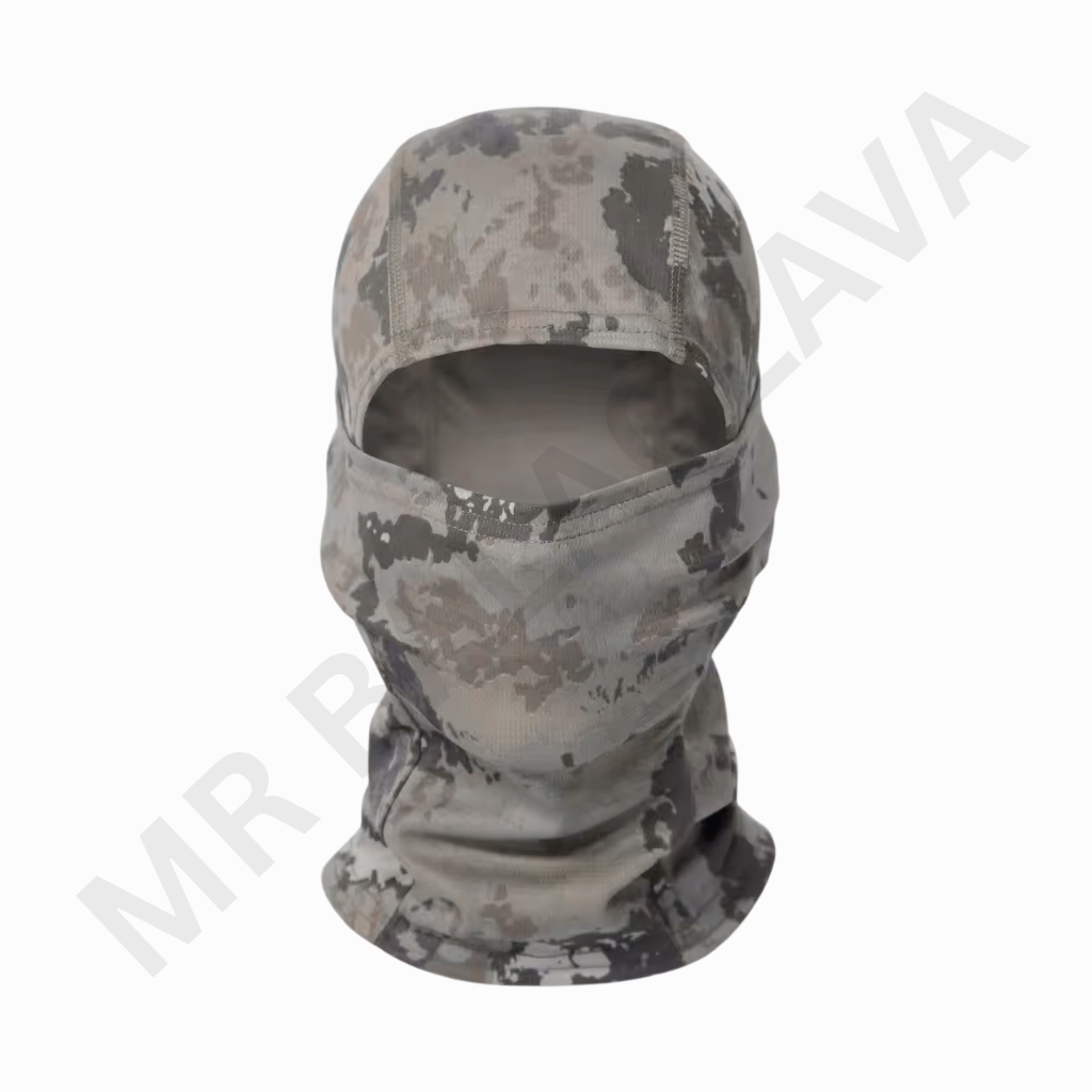 Digital camouflage balaclava with an open face window, full neck coverage in gray-digi pattern.