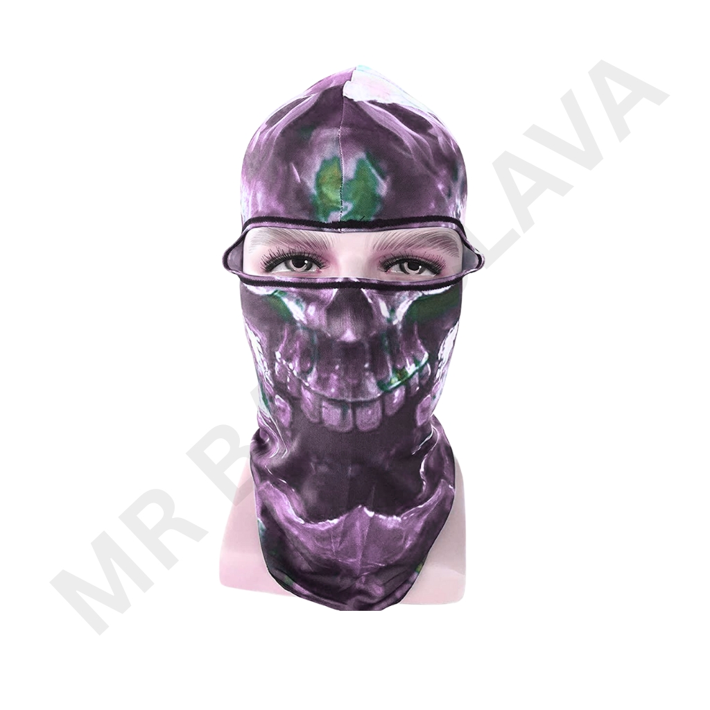 Balaclava with a purple skull pattern, covering the head and neck with eye openings revealed through a slit.