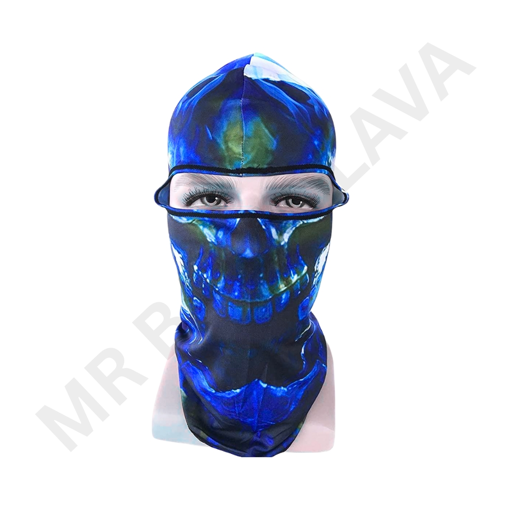 Balaclava with a blue and teal skull print, covering the head and neck with eye openings showing through a mesh/eye slit.