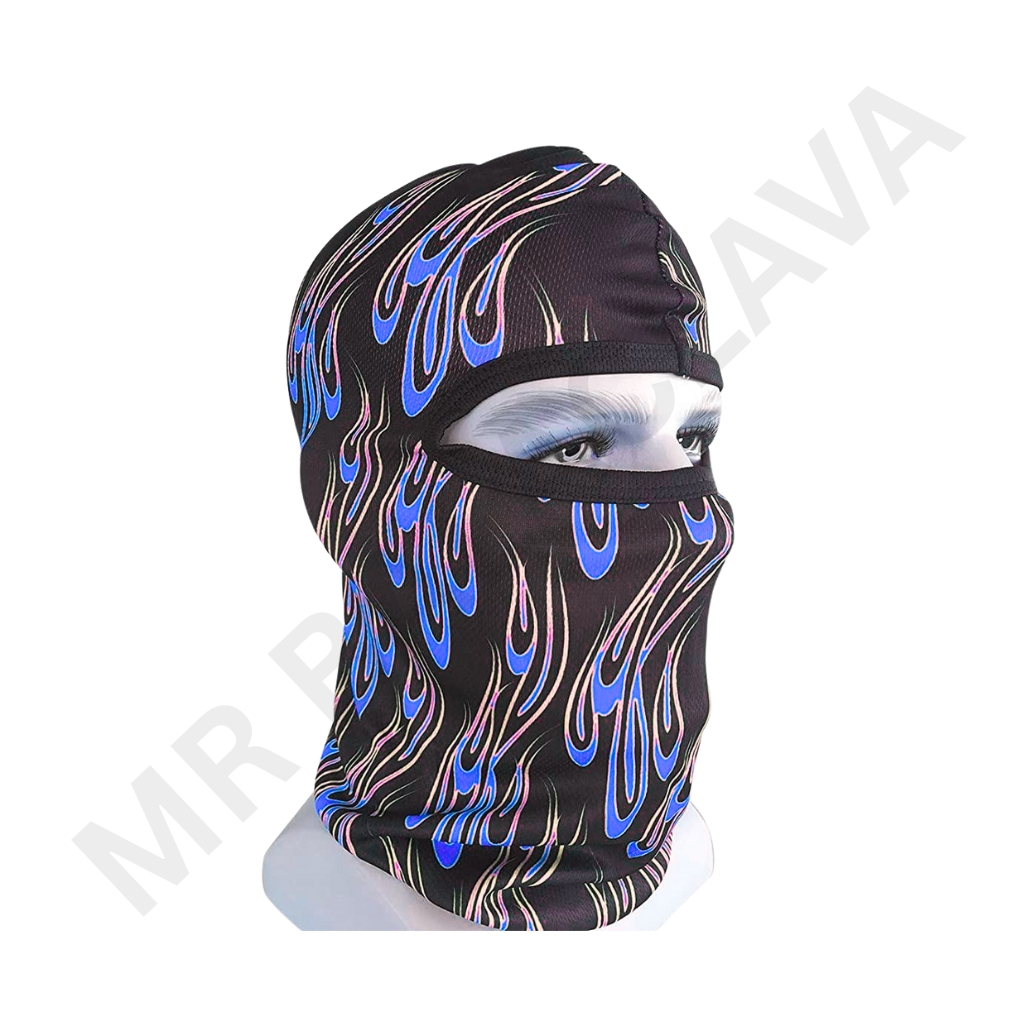 Balaclava with a black base and blue and pink flame pattern, covering the entire head and neck with eye and mouth openings.