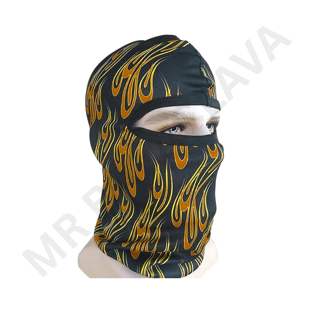 Balaclava with a black base and orange and yellow flame pattern, covering the head and neck with a cutout at the eyes.
