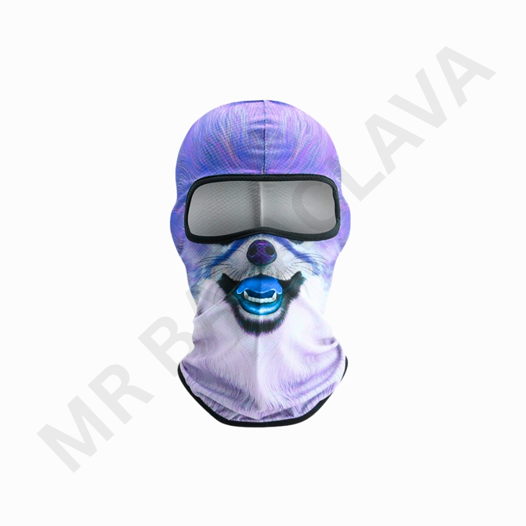 A full-face balaclava with a purple and white dog face print, and a large rectangular eye opening with a black border.