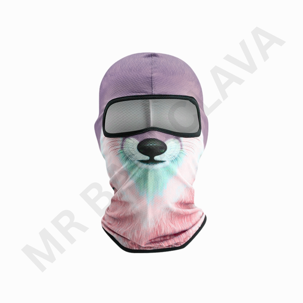 A full-face balaclava with a pastel pink and blue dog face print, featuring a large rectangular eye opening with a black border.