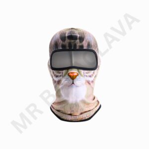 A full-face balaclava with a realistic cat face print and large rectangular eye opening with a black border.