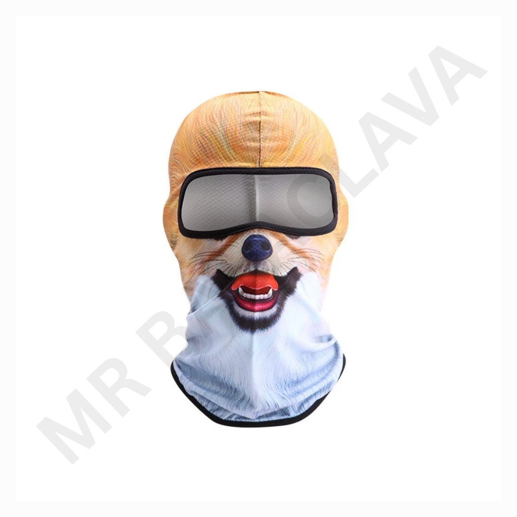 A full-face balaclava with a realistic dog face print, large rectangular eye opening with a black border.