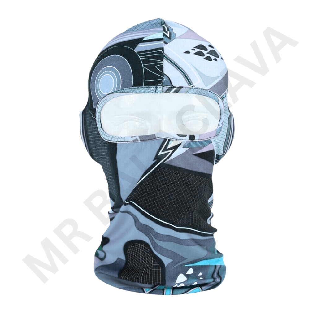 Printed neck gaiter with a futuristic geometric pattern in shades of blue, gray, and black, covering the head and neck.