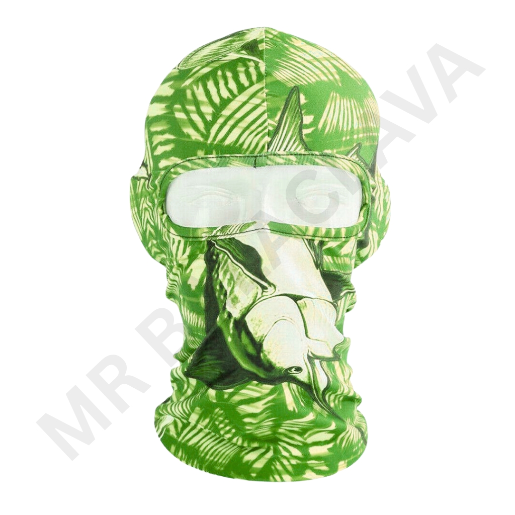 Printed neck gaiter with a blue-green skull pattern, covering head and neck with a white eye shield area.