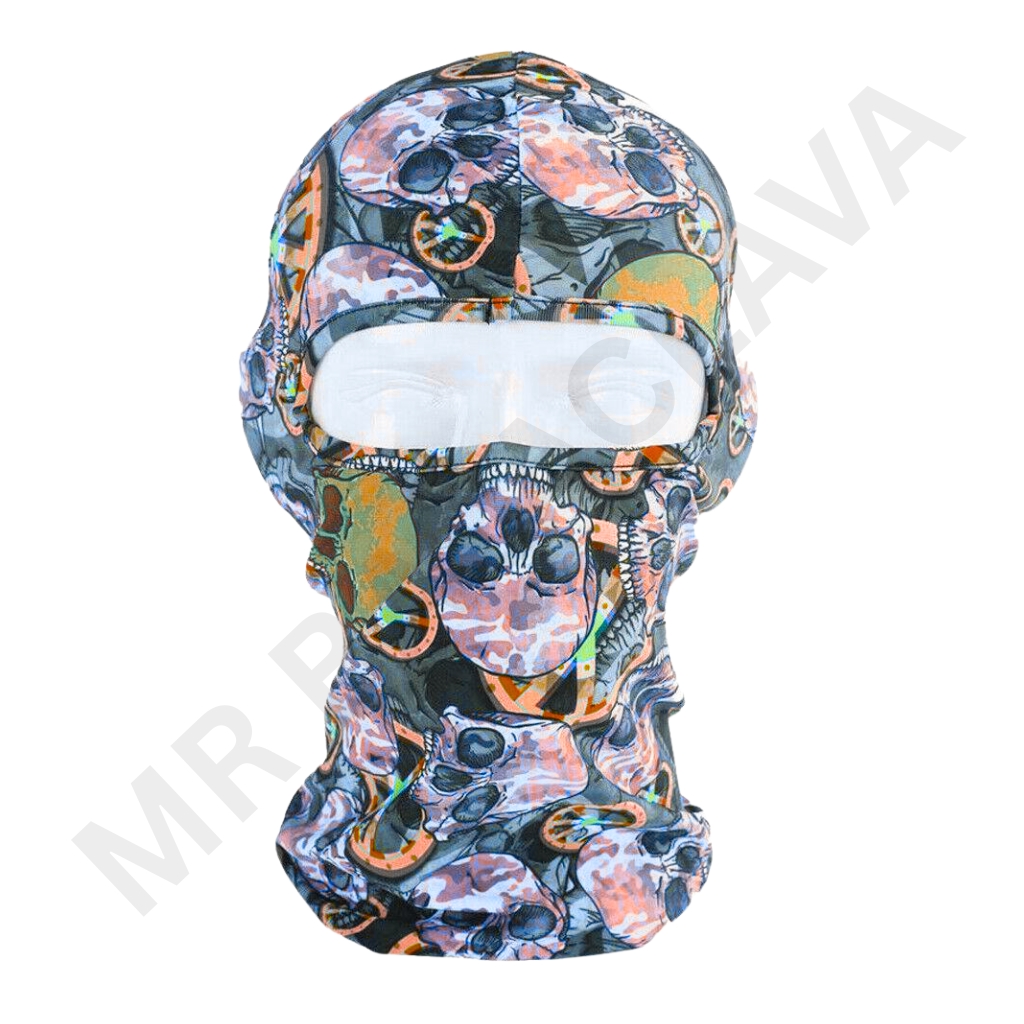 Printed neck gaiter with a colorful skull pattern, covering head and neck with a white eye/mouth panel area.