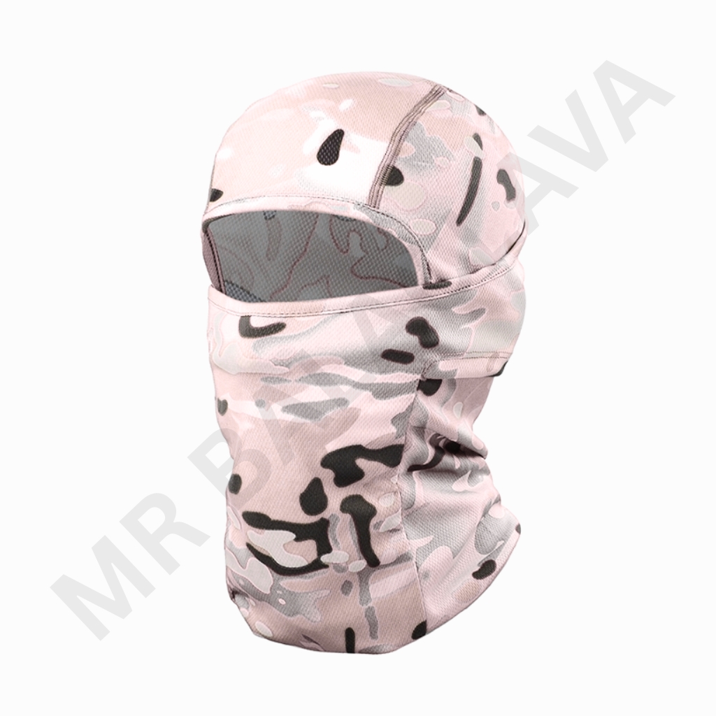 Pink camouflage balaclava with a wide eye-opening visor, neck coverage, and breathable fabric.