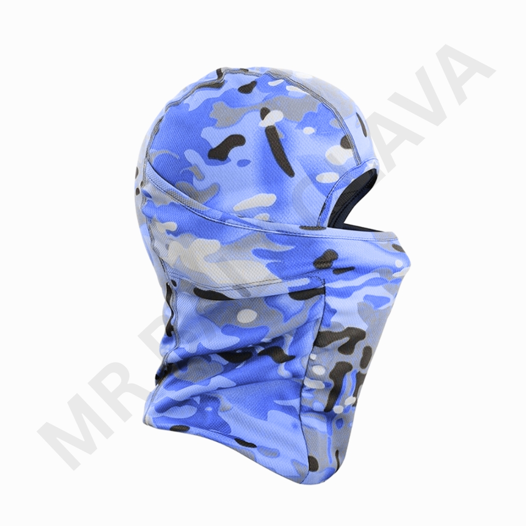 Blue camouflage balaclava with a surrounding eye-opening and partial face cover.