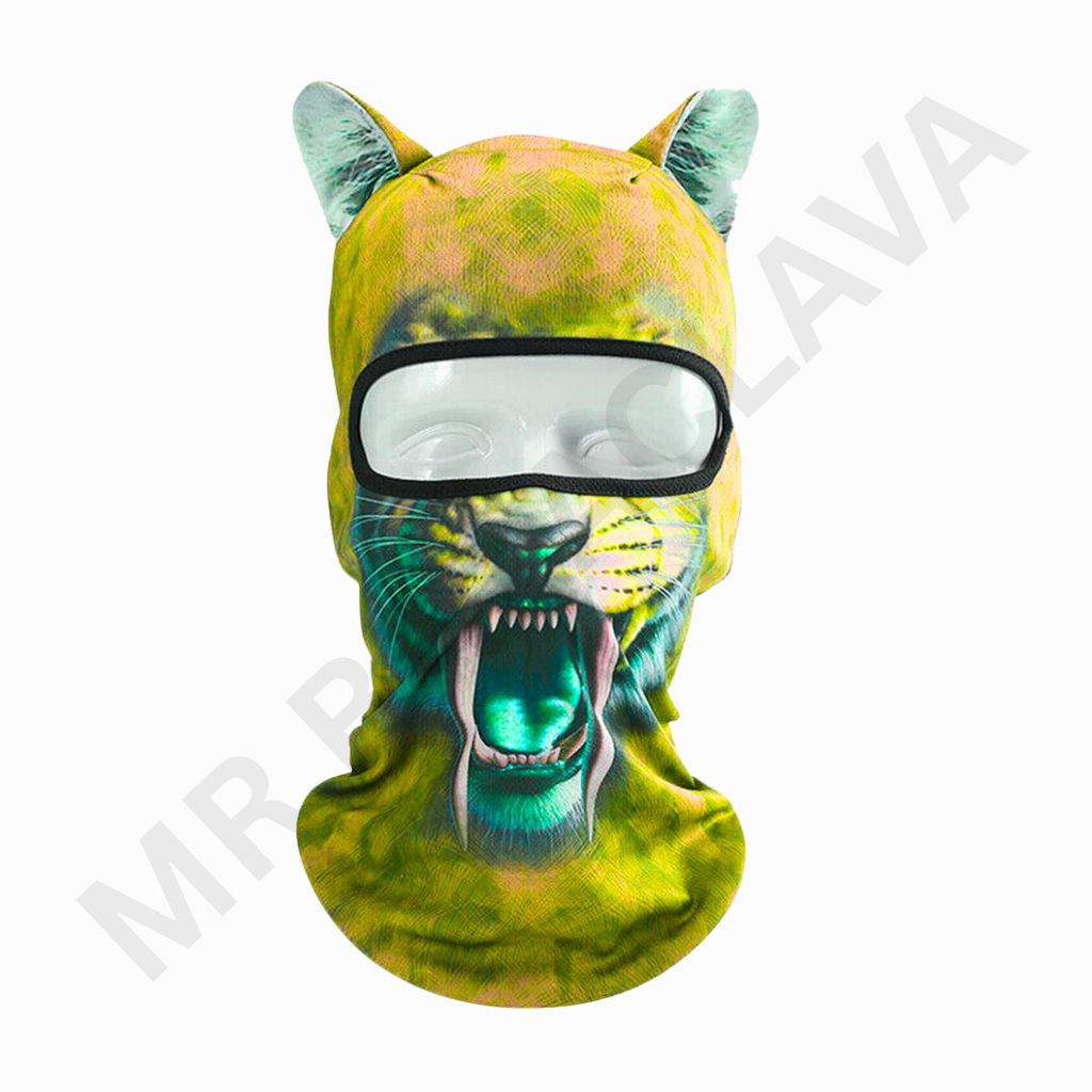 Neon tiger-print balaclava with an integrated clear visor, animal ears on top, and full neck coverage.