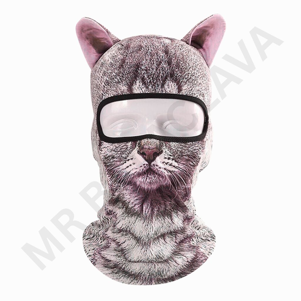 Cat-print balaclava with an integrated eye/face shield and cat ears.