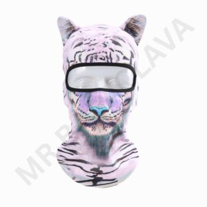 Tiger-print balaclava with large eye/face opening and clear protective visor.