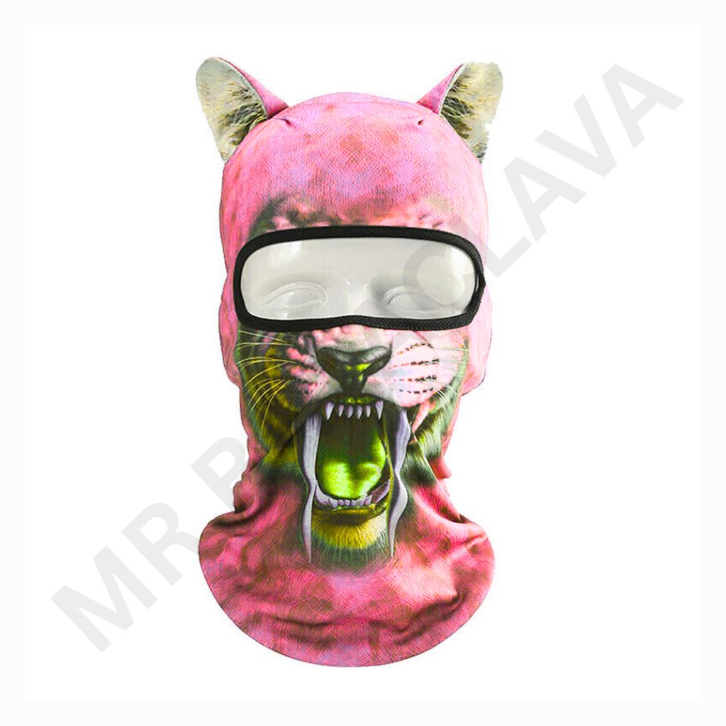 ink tiger-print balaclava with a clear visor, cat ears on top, and full neck coverage.