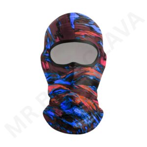 A flame-print balaclava with a large gray eye/vision opening and colorful abstract red, blue, and purple design.