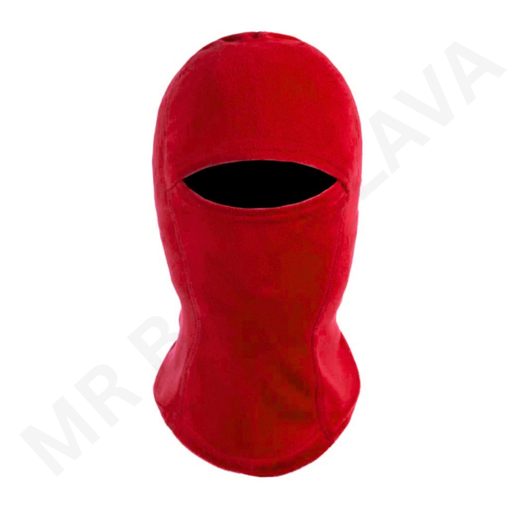 Red fleece balaclava with eye opening, sublimated design