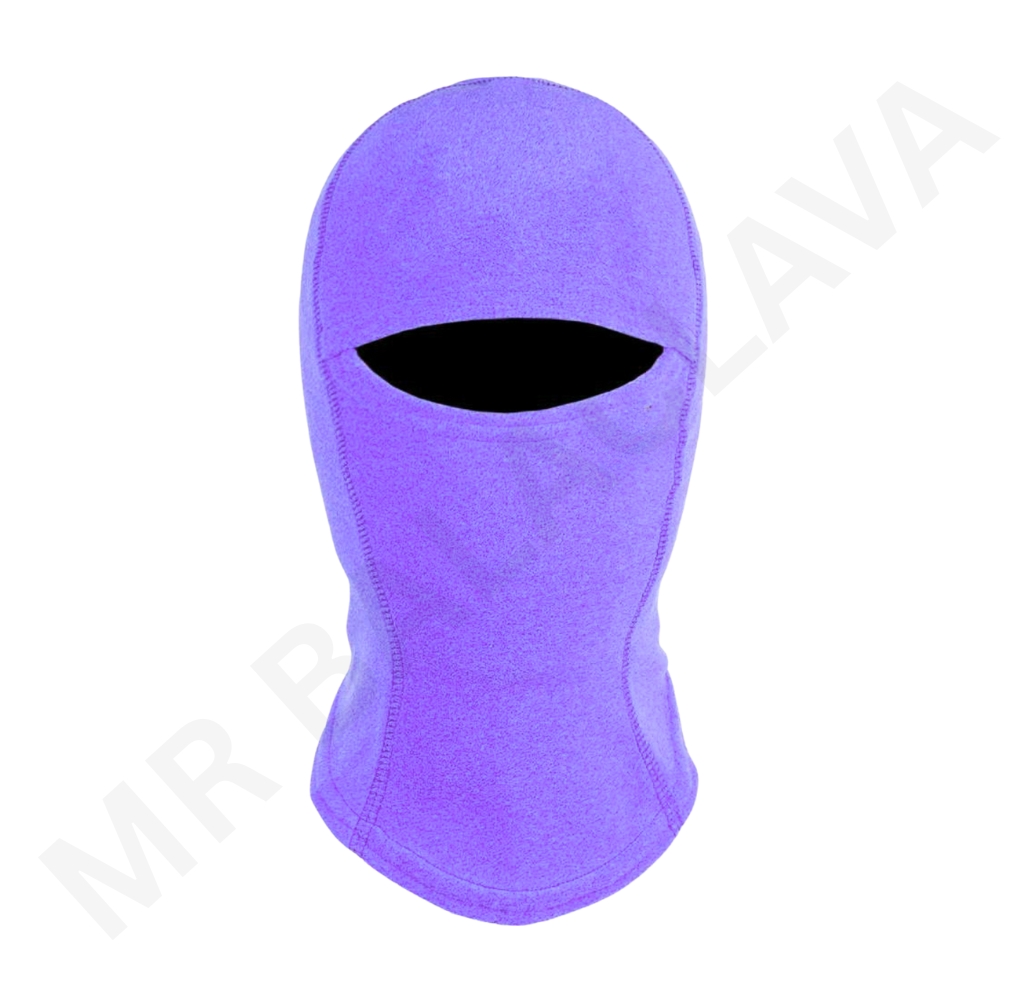 Purple fleece balaclava with eye opening, sublimated design