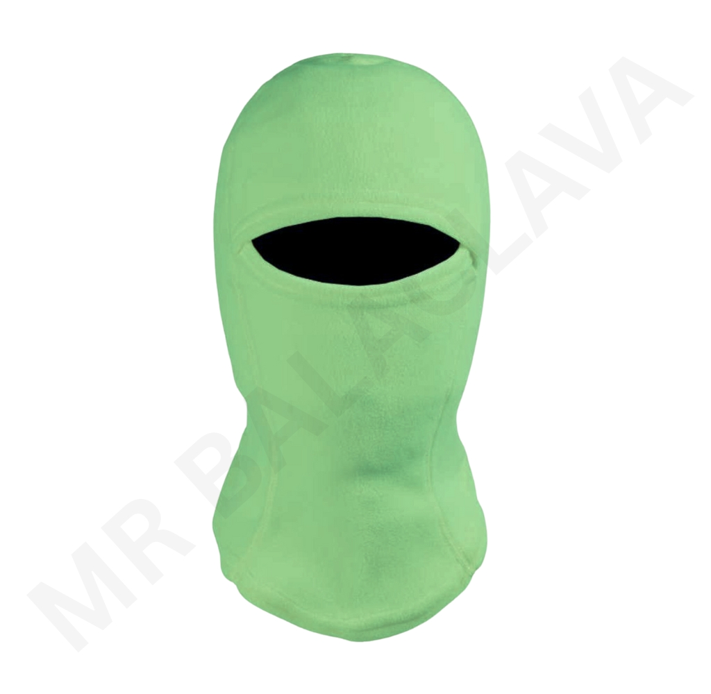 Lime green fleece balaclava with eye opening, sublimated design
