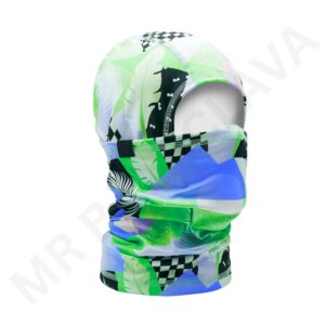 Sublimation balaclava with green, blue, and black abstract tropical pattern