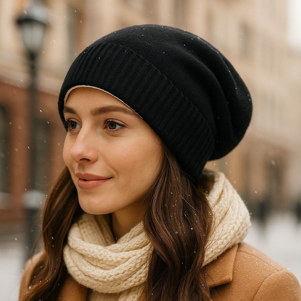 A close-up portrait of a smiling woman wearing a black slouchy beanie and a cream knit scarf, standing outdoors on a snowy day.