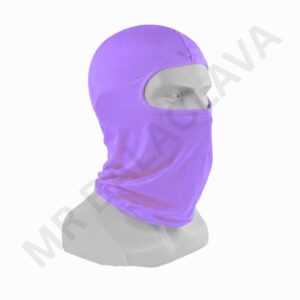 Purple balaclava with a large eye-opening for the face, full head and neck coverage, seamless edges.