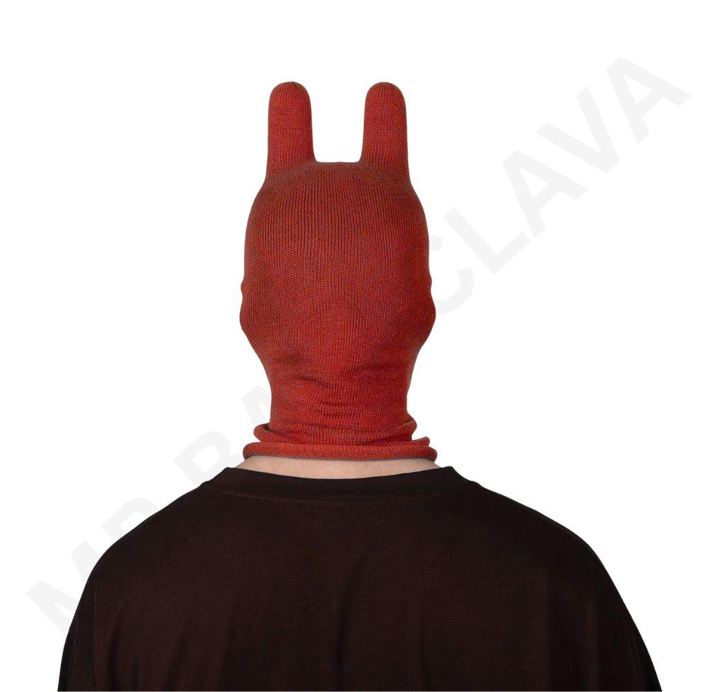 Back view of a person wearing a red knitted balaclava with two tall bunny ears.