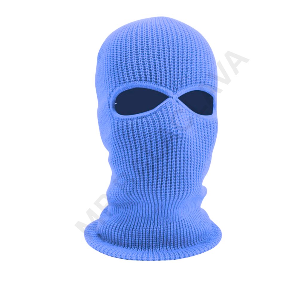 A blue knit balaclava ski mask with eye openings.