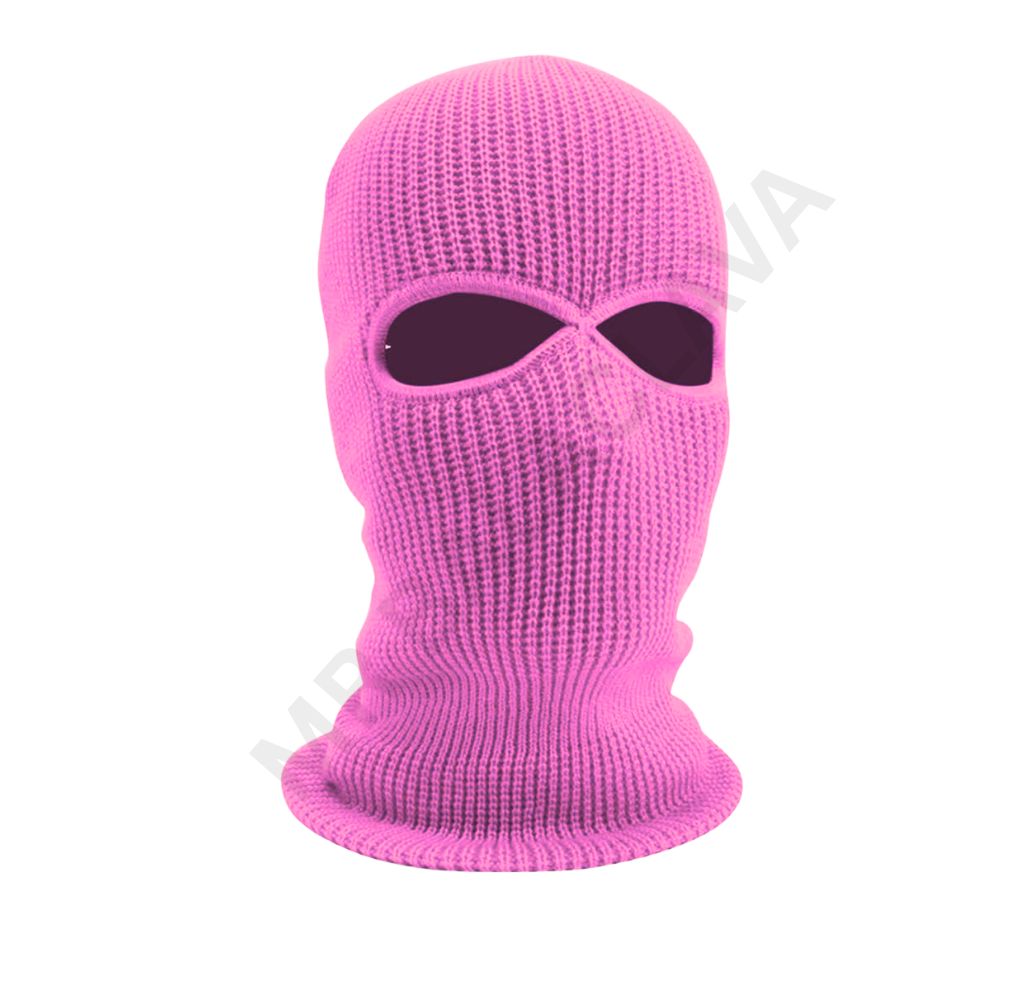A bright pink knit balaclava ski mask with eye openings.