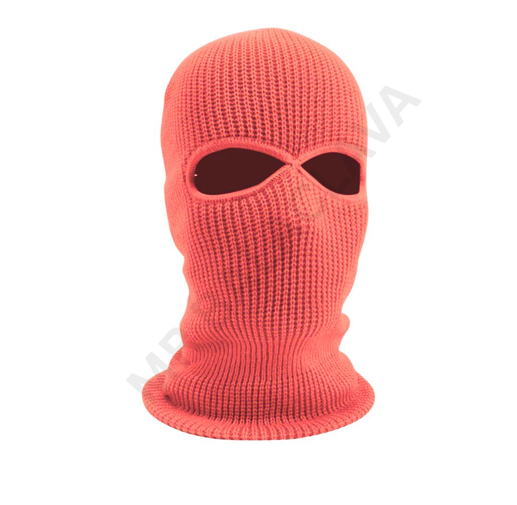 A bright orange knit balaclava ski mask with eye openings.