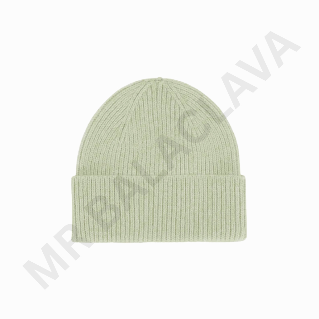 A light green ribbed knit beanie with a folded cuff, displayed against a white background."