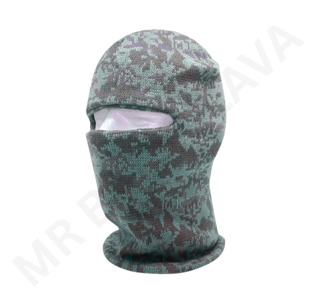 Microfiber 1-hole sublimated balaclava with green camouflage pattern and eye/mouth opening.