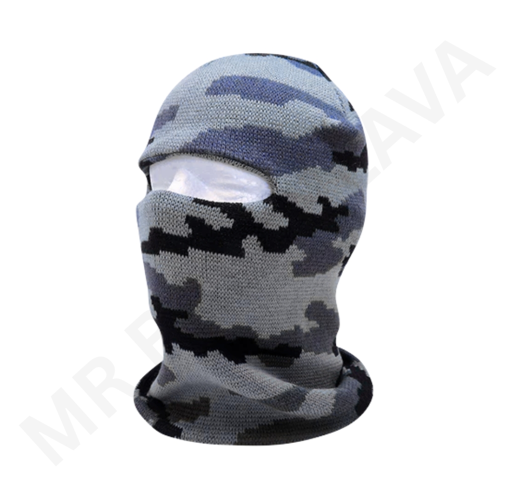 Camouflage knit balaclava with single eye/mouth opening, full-face coverage in grayscale camo pattern.