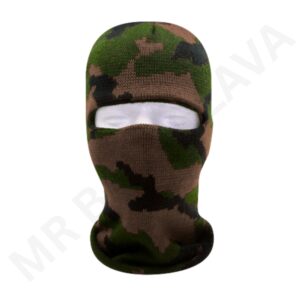 Camouflage knit balaclava with single eye/mouth opening, full-face coverage in woodland camouflage pattern.