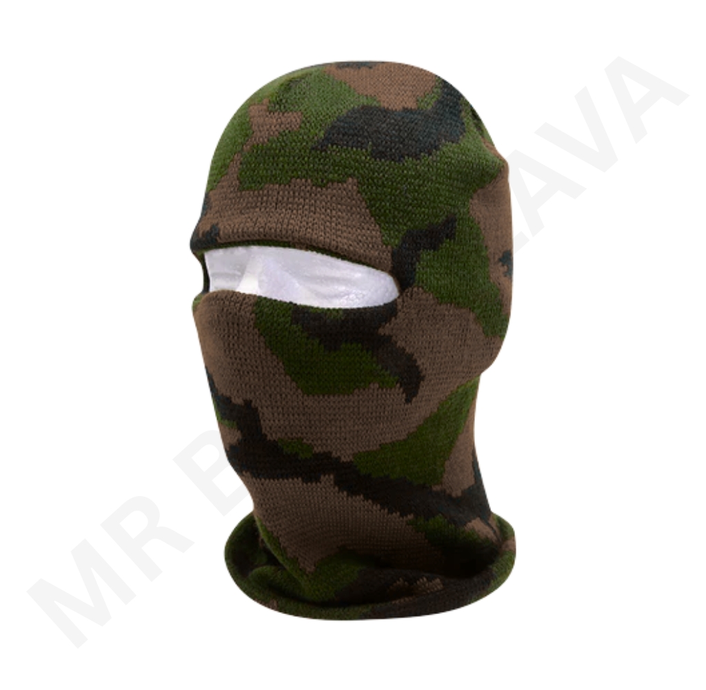 Woodland camouflage knit balaclava with a single eye/mouth opening for full head coverage.