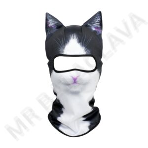 A black-and-white cat-themed microfiber balaclava with a large cutout for the eyes.