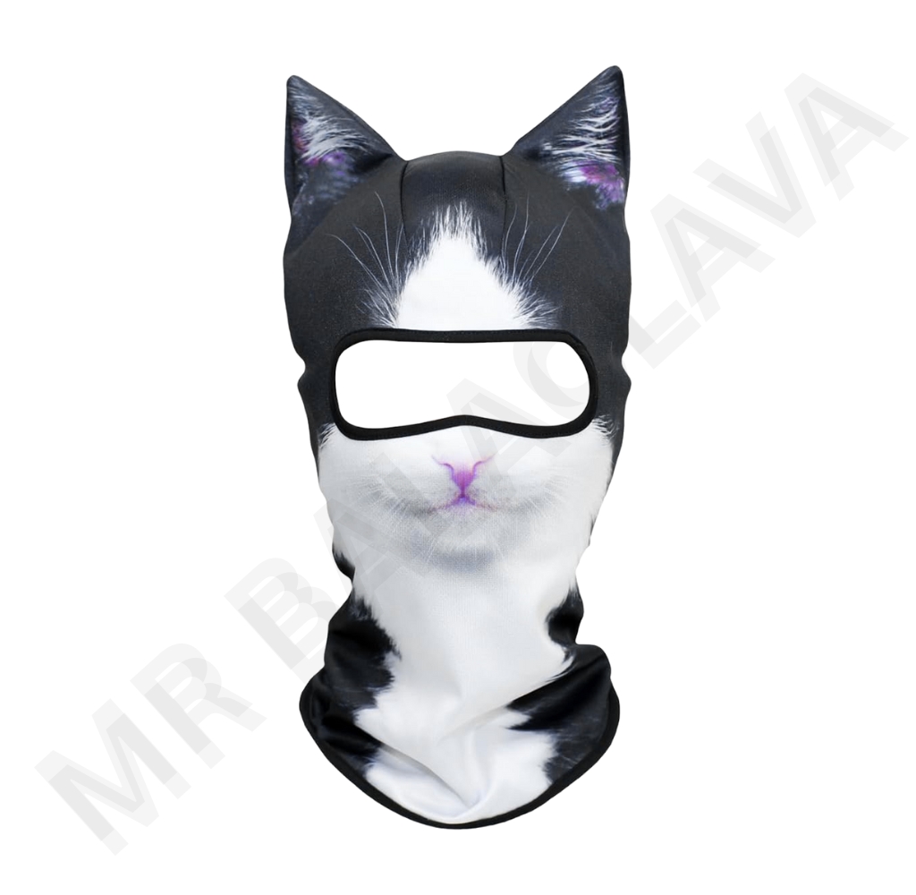A black-and-white cat-themed microfiber balaclava with a large cutout for the eyes.