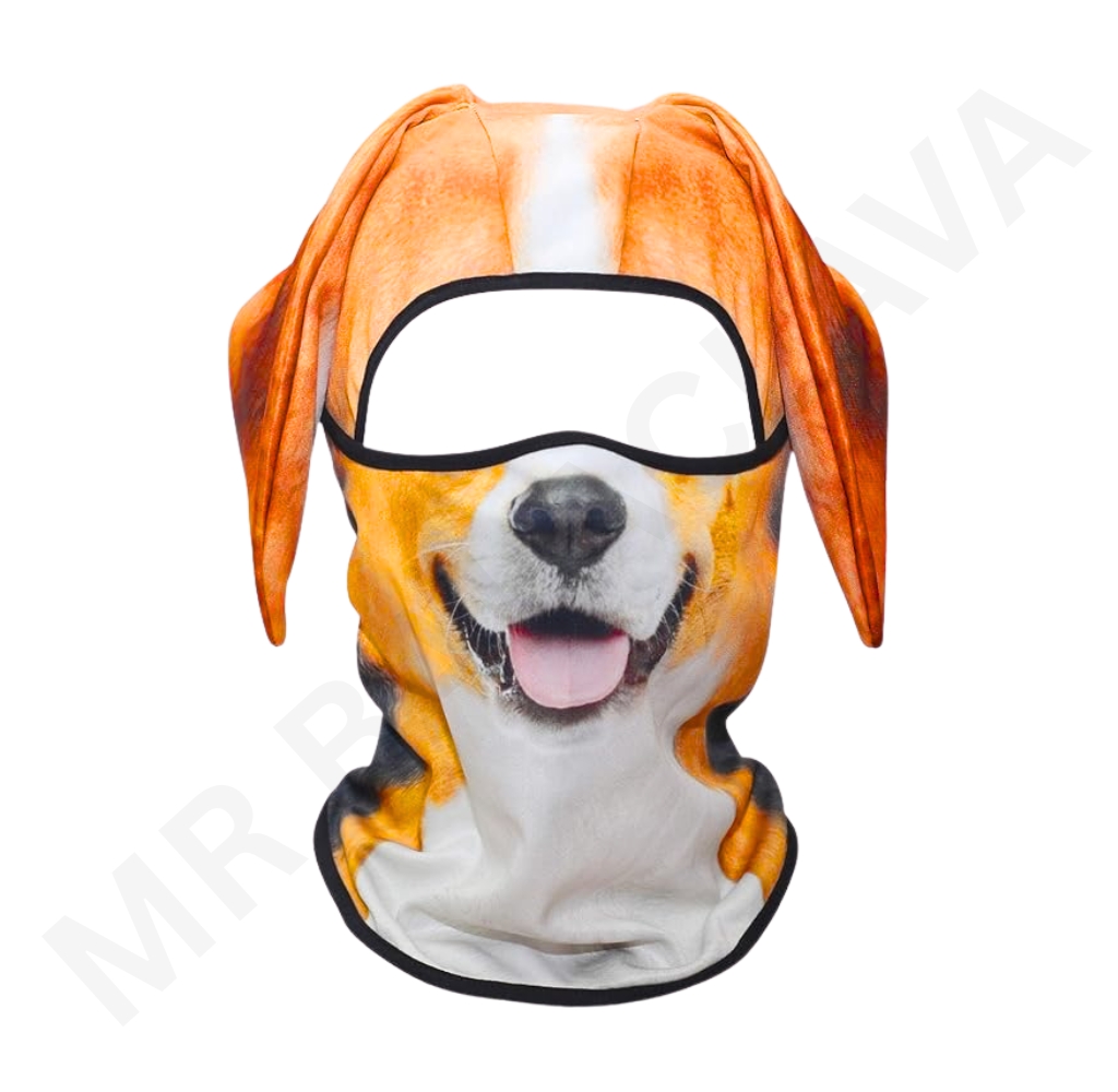 A microfiber balaclava printed with a realistic dog face, including floppy ears and a large eye-opening.