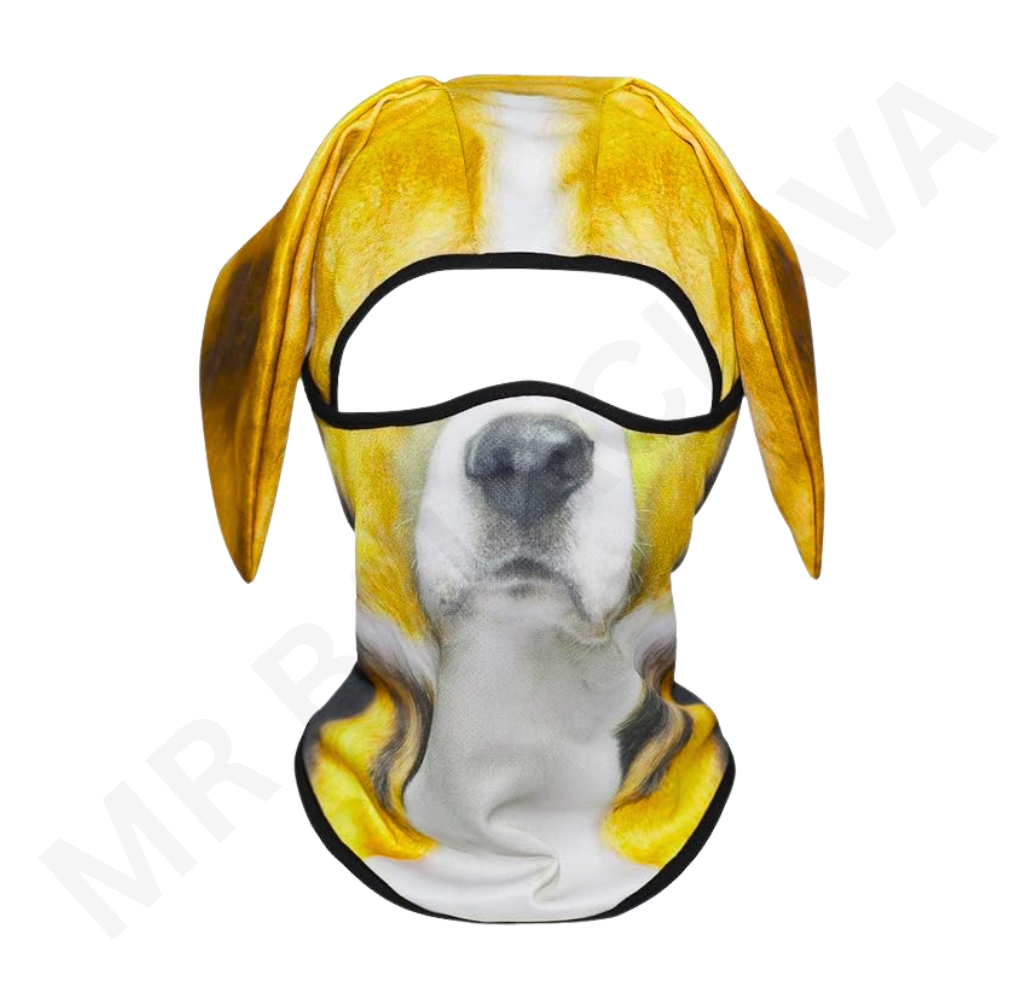 A microfiber balaclava printed with a realistic yellow and white beagle/dog face, with long floppy ears and a large eye opening.
